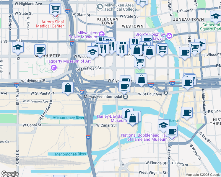 map of restaurants, bars, coffee shops, grocery stores, and more near 445 North 6th Street in Milwaukee