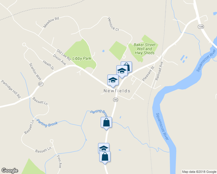map of restaurants, bars, coffee shops, grocery stores, and more near 7 Piscassic Rd in Newfields