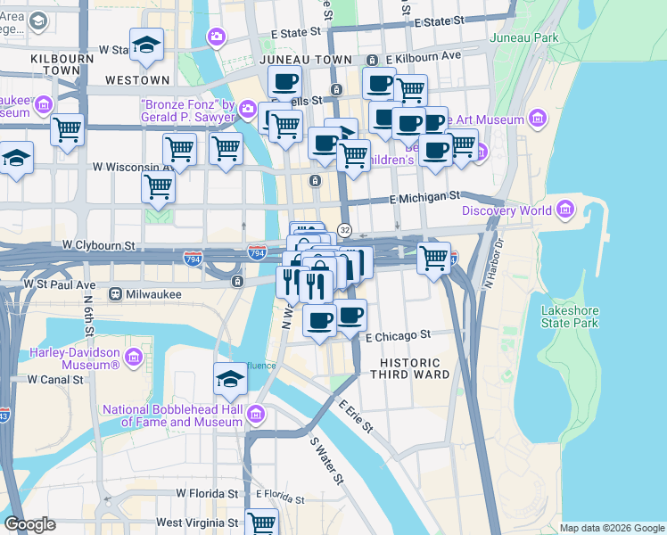 map of restaurants, bars, coffee shops, grocery stores, and more near 400 North Broadway in Milwaukee