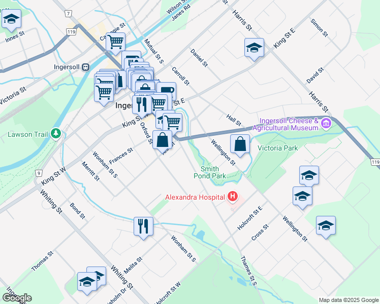 map of restaurants, bars, coffee shops, grocery stores, and more near 255 Thames Street South in Ingersoll