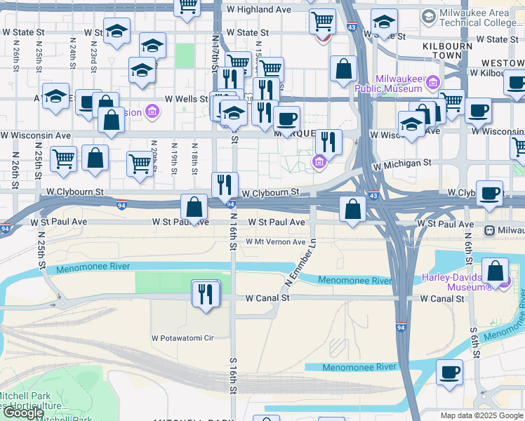 map of restaurants, bars, coffee shops, grocery stores, and more near 422 N 15th St in Milwaukee