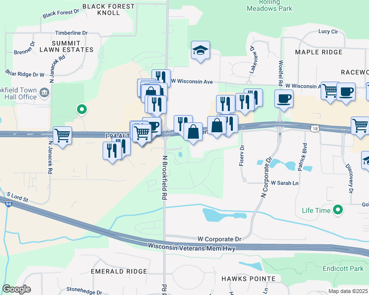 map of restaurants, bars, coffee shops, grocery stores, and more near 18615 West Bluemound Road in Brookfield