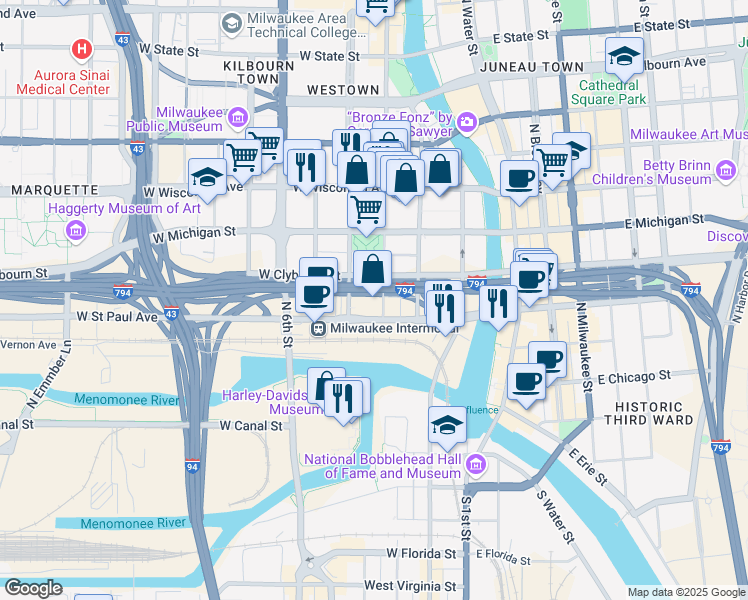 map of restaurants, bars, coffee shops, grocery stores, and more near 346 West Saint Paul Avenue in Milwaukee