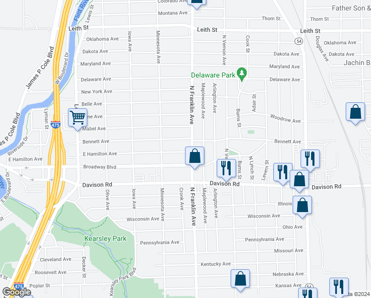 map of restaurants, bars, coffee shops, grocery stores, and more near 1817 East Hamilton Avenue in Flint