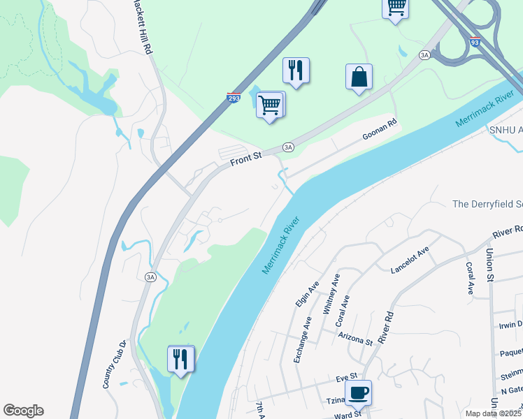 map of restaurants, bars, coffee shops, grocery stores, and more near 109 West Riverbank Road in Manchester