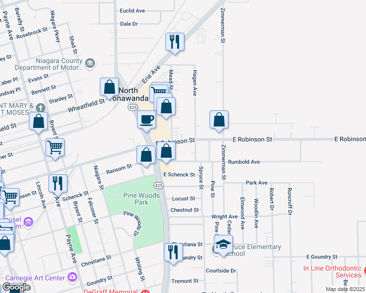 map of restaurants, bars, coffee shops, grocery stores, and more near 595 East Robinson Street in North Tonawanda