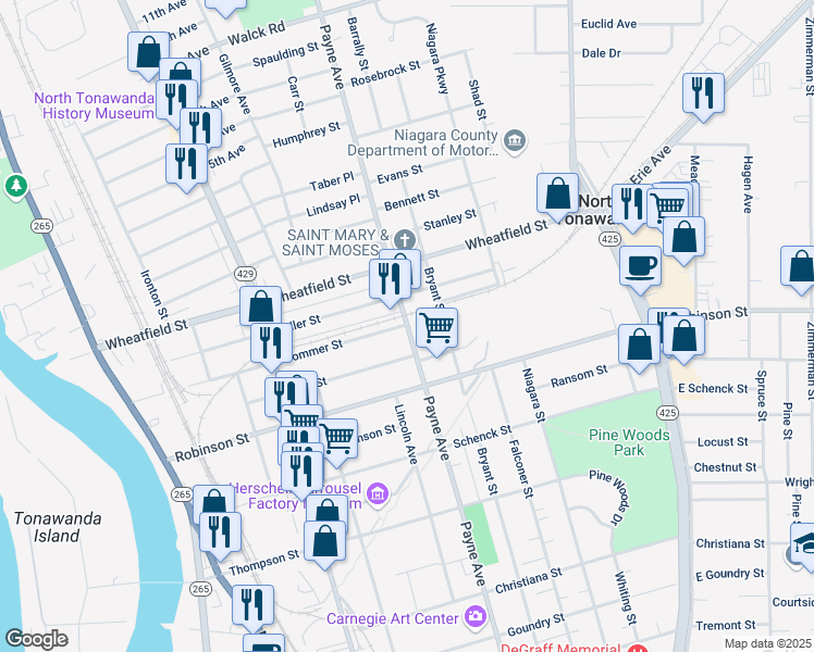 map of restaurants, bars, coffee shops, grocery stores, and more near 424 Payne Avenue in North Tonawanda