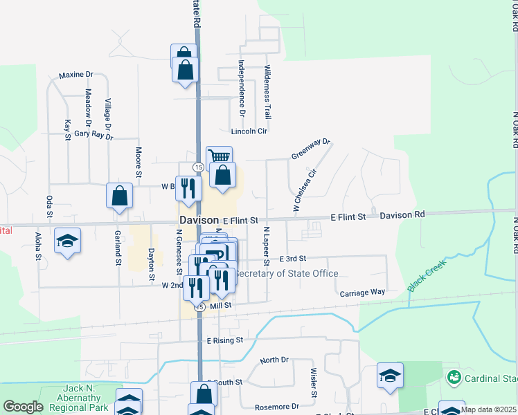 map of restaurants, bars, coffee shops, grocery stores, and more near 315 East Flint Street in Davison