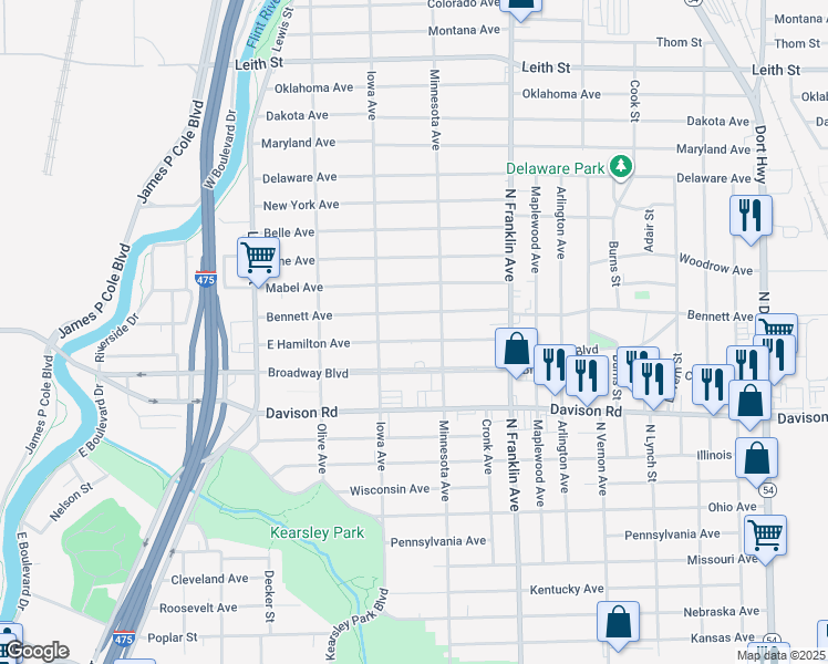 map of restaurants, bars, coffee shops, grocery stores, and more near 1646 East Hamilton Avenue in Flint