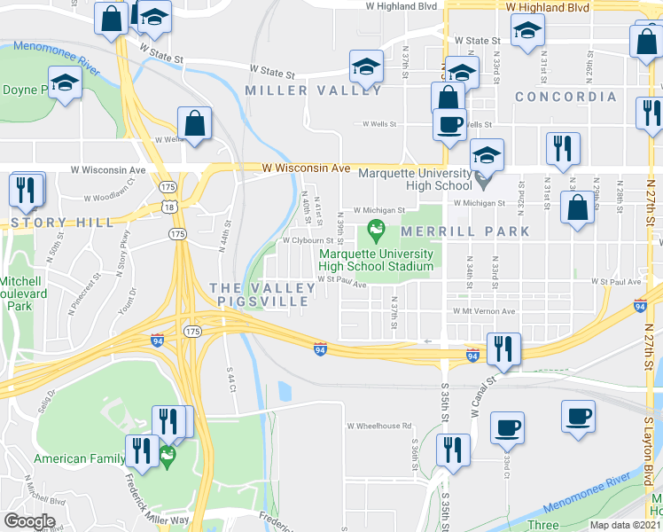 map of restaurants, bars, coffee shops, grocery stores, and more near 403 North 39th Street in Milwaukee