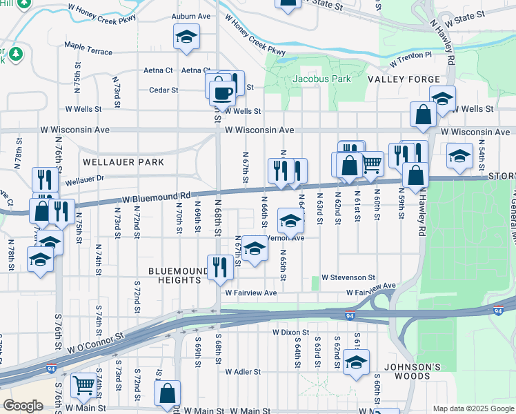 map of restaurants, bars, coffee shops, grocery stores, and more near 351 North 66th Street in Milwaukee