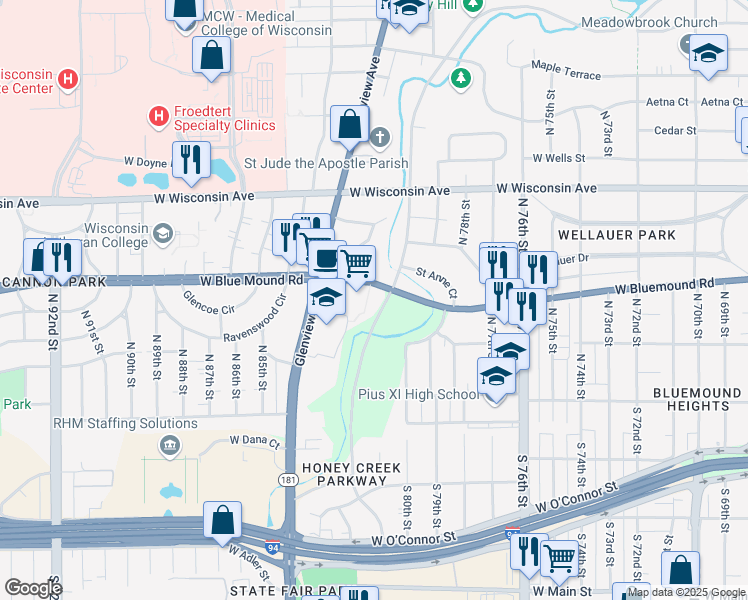 map of restaurants, bars, coffee shops, grocery stores, and more near 363 North Honey Creek Parkway in Milwaukee