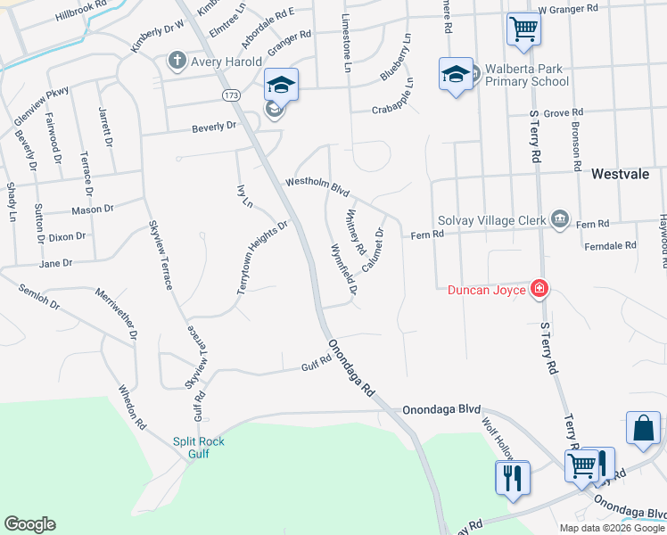 map of restaurants, bars, coffee shops, grocery stores, and more near 228 Wynnfield Drive in Syracuse