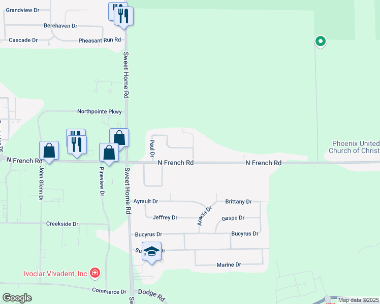 map of restaurants, bars, coffee shops, grocery stores, and more near 838 North French Road in Buffalo