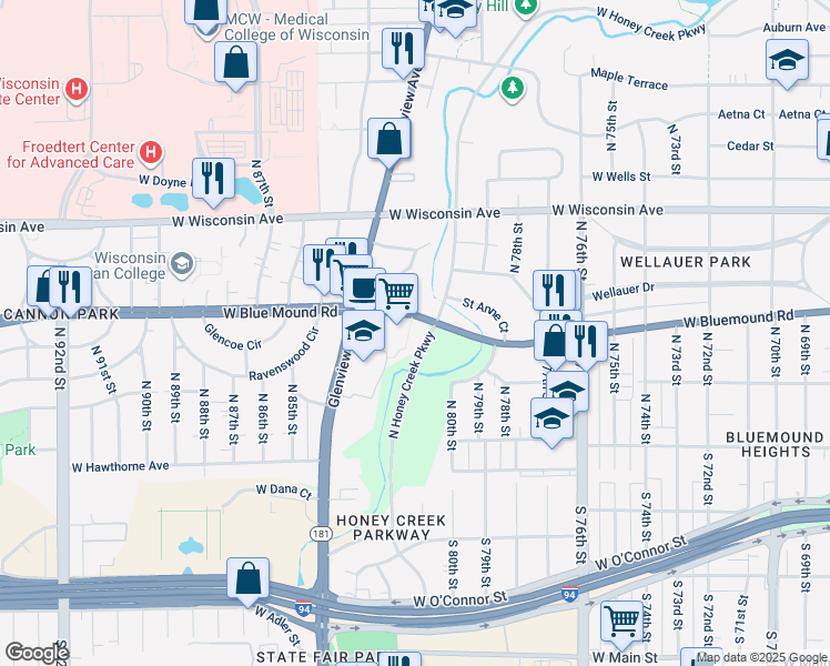 map of restaurants, bars, coffee shops, grocery stores, and more near 8041 West Bluemound Road in Milwaukee