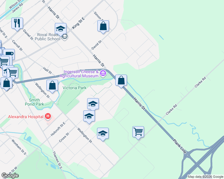 map of restaurants, bars, coffee shops, grocery stores, and more near 2 Brookfield Avenue in Ingersoll