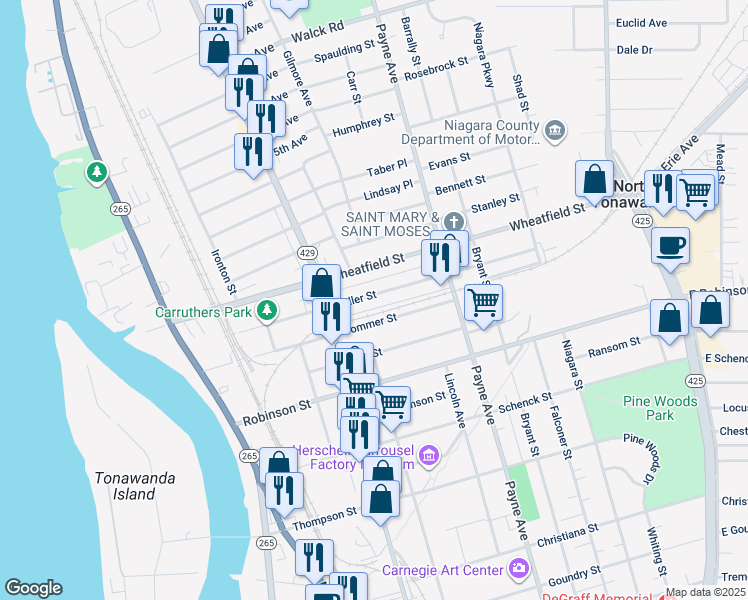 map of restaurants, bars, coffee shops, grocery stores, and more near 213 Miller Street in North Tonawanda