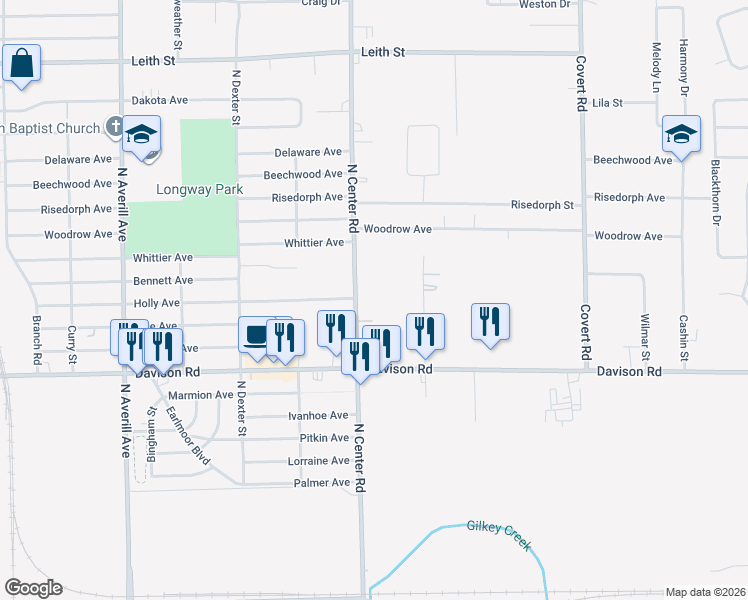 map of restaurants, bars, coffee shops, grocery stores, and more near 2068 Center Road in Burton