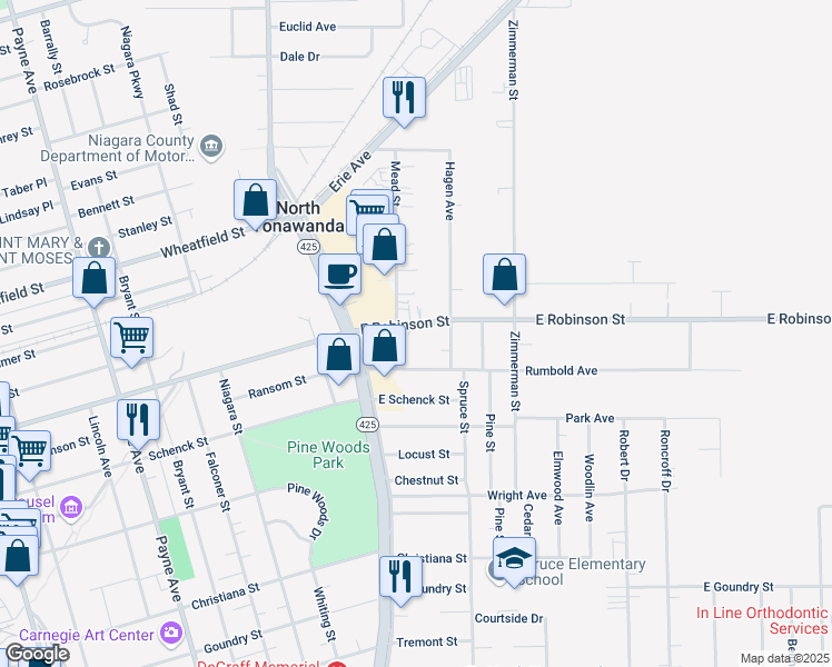 map of restaurants, bars, coffee shops, grocery stores, and more near 595 East Robinson Street in North Tonawanda
