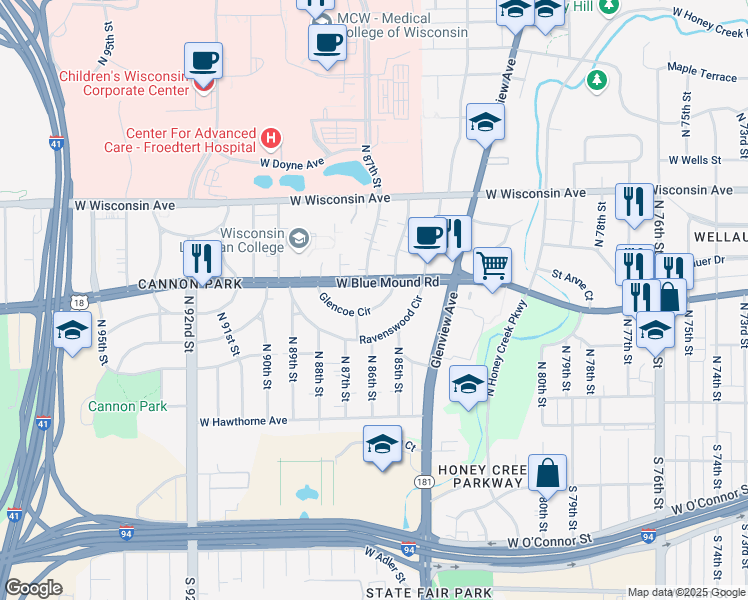 map of restaurants, bars, coffee shops, grocery stores, and more near 8620 Glencoe Circle in Wauwatosa