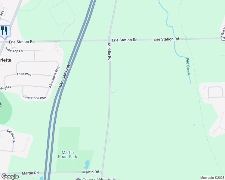 map of restaurants, bars, coffee shops, grocery stores, and more near 1026 Middle Road in Rush