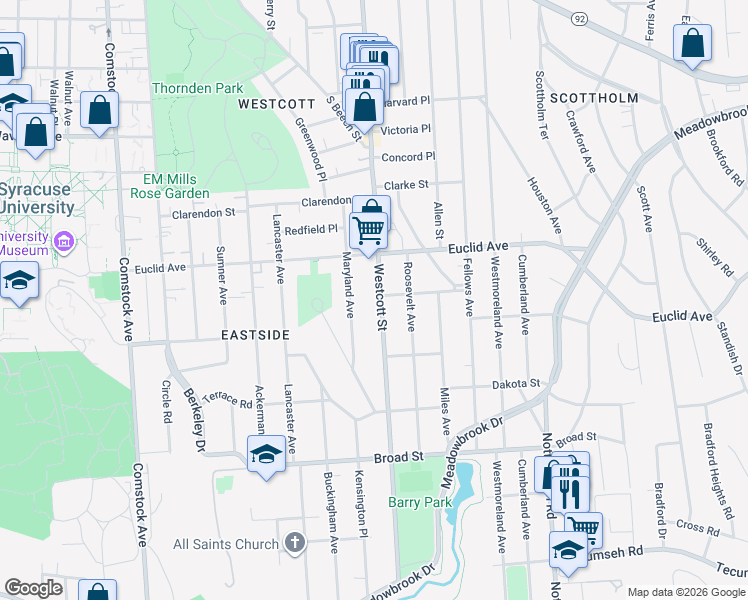 map of restaurants, bars, coffee shops, grocery stores, and more near 900 Westcott Street in Syracuse