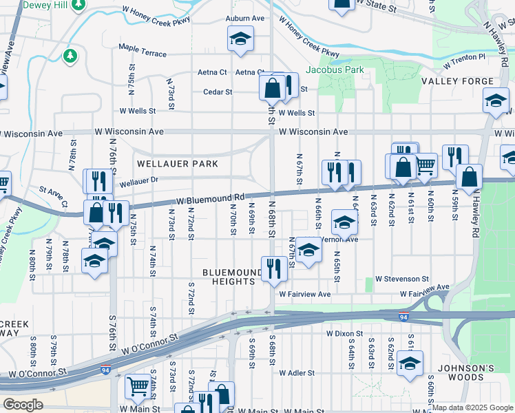 map of restaurants, bars, coffee shops, grocery stores, and more near 409 North 69th Street in Wauwatosa