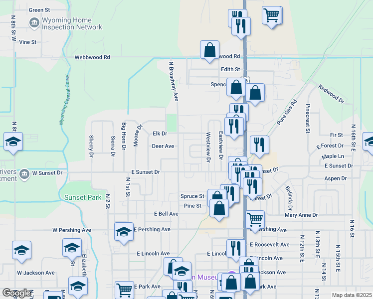 map of restaurants, bars, coffee shops, grocery stores, and more near 924 Westridge Drive in Riverton