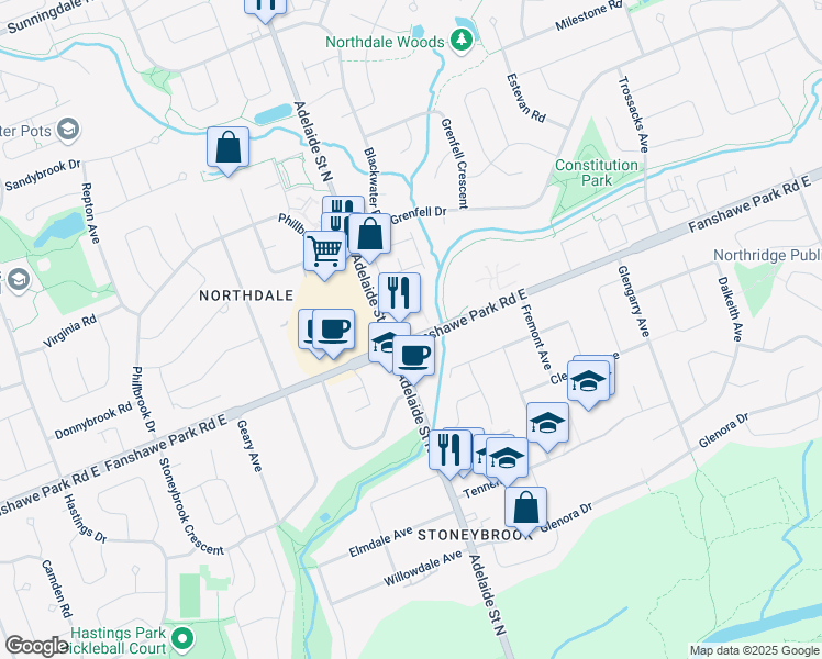 map of restaurants, bars, coffee shops, grocery stores, and more near 629 Fanshawe Park Road East in London