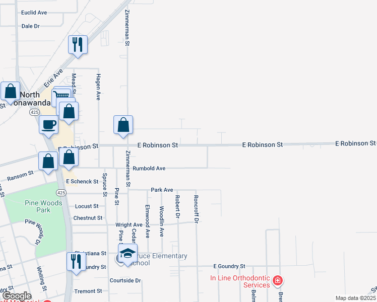 map of restaurants, bars, coffee shops, grocery stores, and more near 282 Rumbold Avenue in North Tonawanda