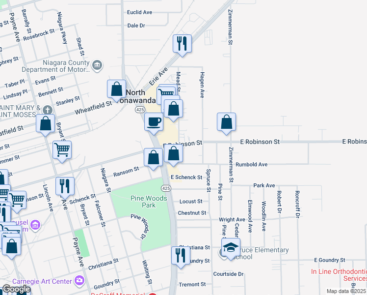 map of restaurants, bars, coffee shops, grocery stores, and more near 595 East Robinson Street in North Tonawanda