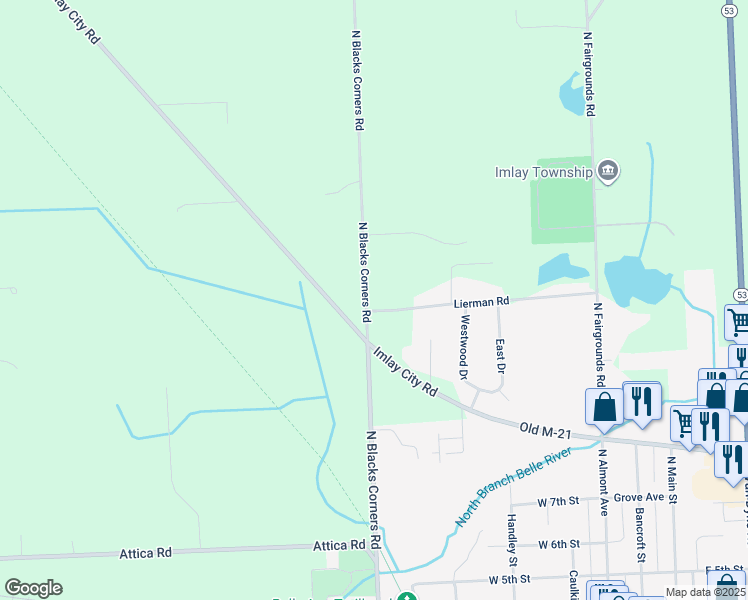 map of restaurants, bars, coffee shops, grocery stores, and more near 6491 West Imlay City Road in Imlay City