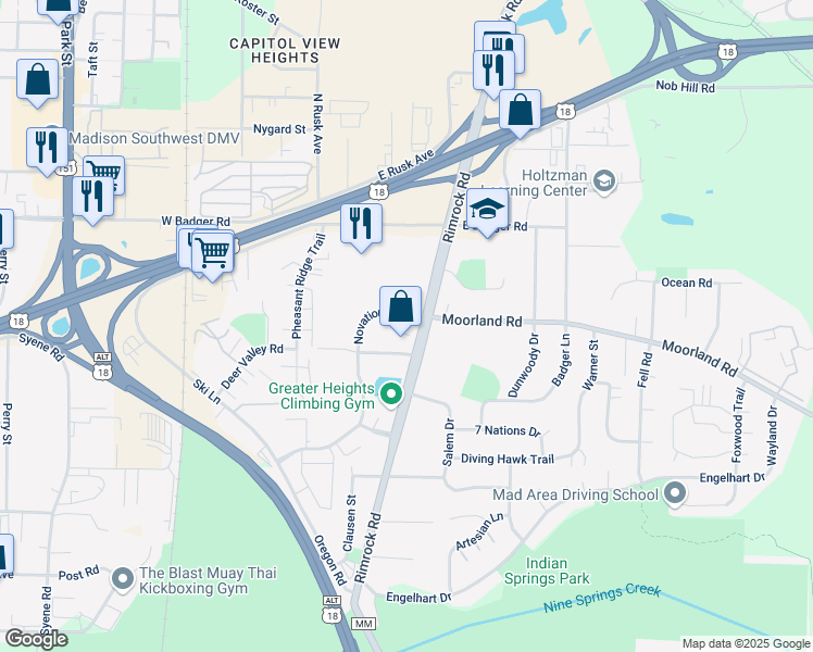 map of restaurants, bars, coffee shops, grocery stores, and more near 2524 Rimrock Road in Madison