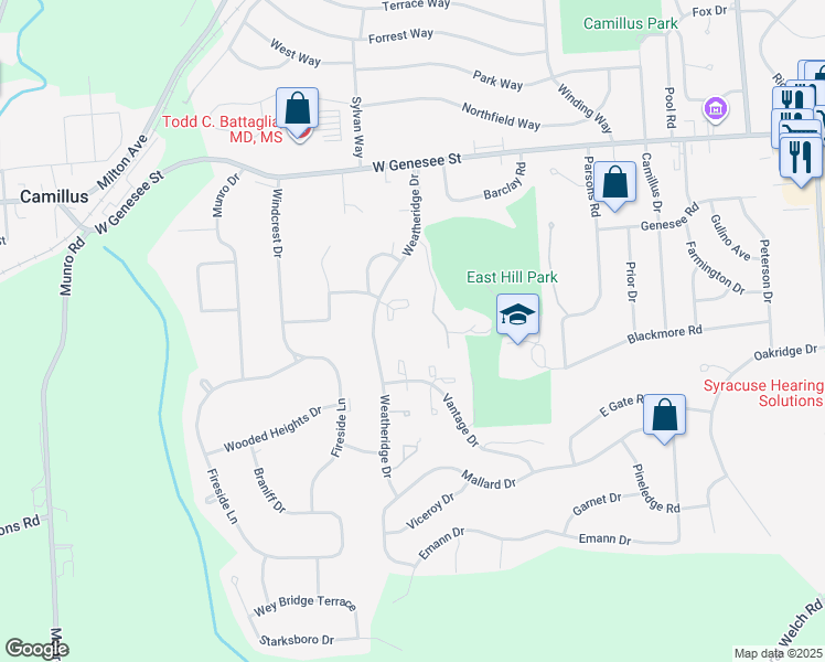 map of restaurants, bars, coffee shops, grocery stores, and more near 507 Ellington Court in Camillus