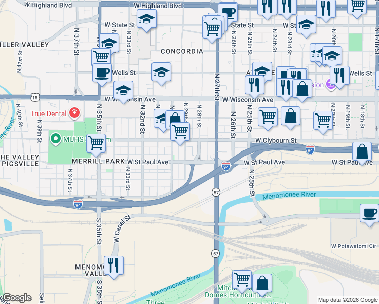 map of restaurants, bars, coffee shops, grocery stores, and more near 424 North 29th Street in Milwaukee
