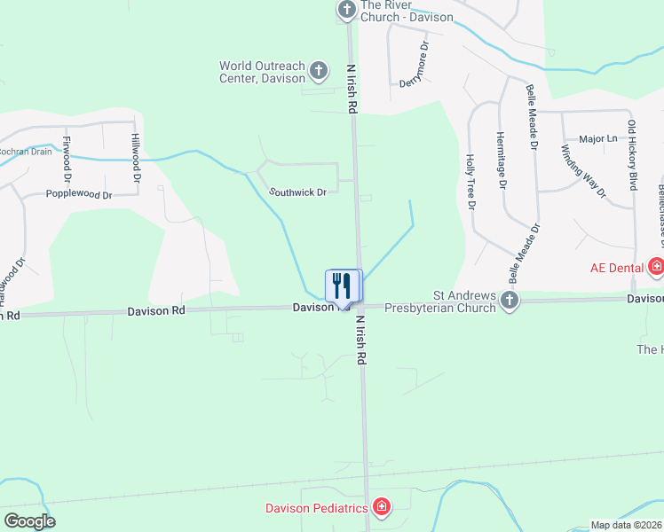 map of restaurants, bars, coffee shops, grocery stores, and more near 2061 North Irish Road in Davison