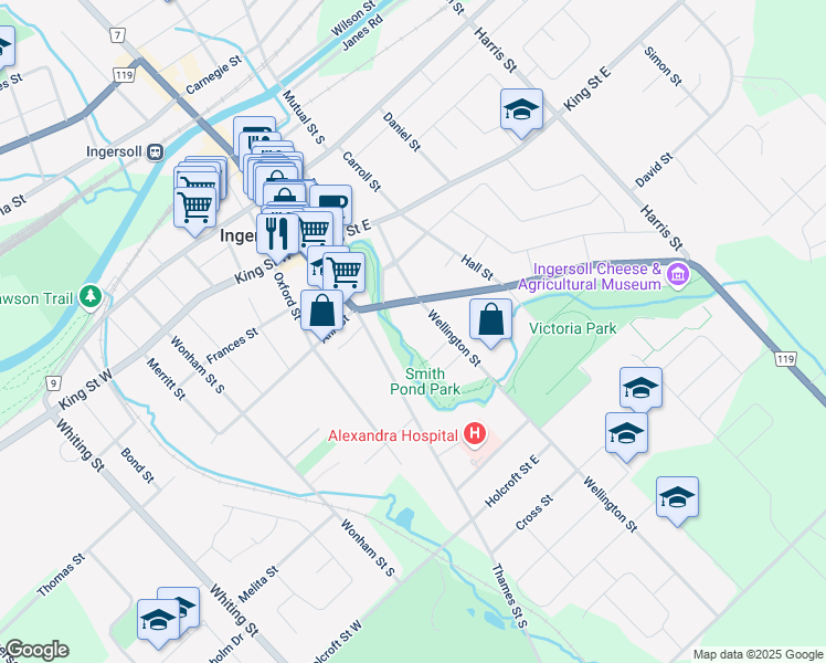 map of restaurants, bars, coffee shops, grocery stores, and more near 255 Thames Street South in Ingersoll