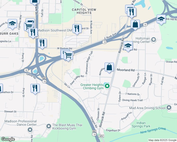map of restaurants, bars, coffee shops, grocery stores, and more near 2613 Pheasant Ridge Trail in Madison