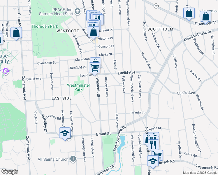 map of restaurants, bars, coffee shops, grocery stores, and more near 223 Roosevelt Avenue in Syracuse