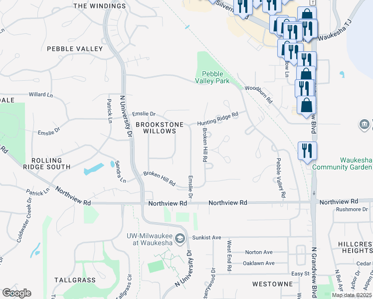 map of restaurants, bars, coffee shops, grocery stores, and more near 2444 Emslie Drive in Waukesha