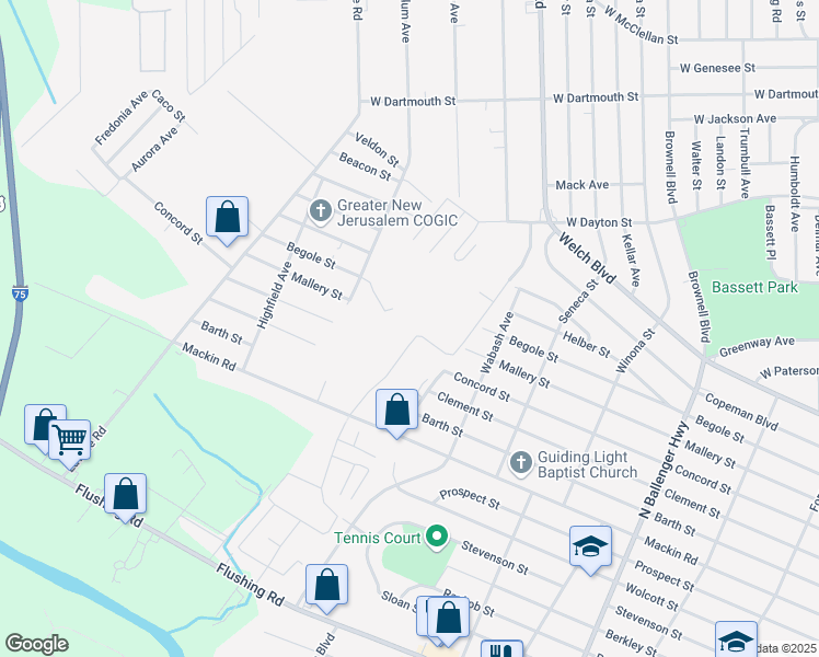 map of restaurants, bars, coffee shops, grocery stores, and more near 3284 Mackin Road in Flint