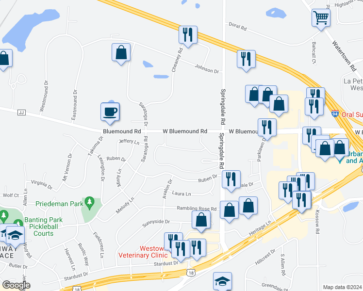 map of restaurants, bars, coffee shops, grocery stores, and more near 2412 Springdale Road in Waukesha