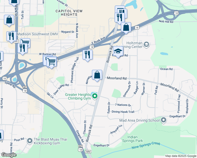 map of restaurants, bars, coffee shops, grocery stores, and more near 2500 Rimrock Road in Madison