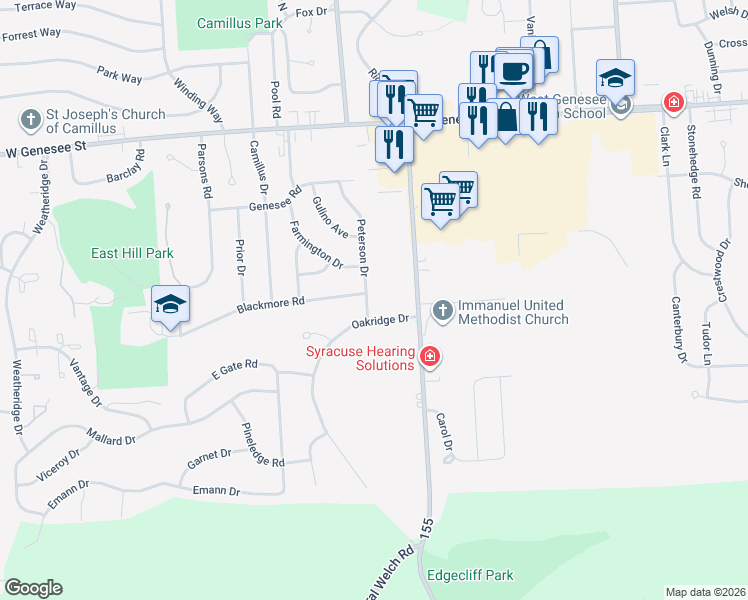 map of restaurants, bars, coffee shops, grocery stores, and more near 101 Peterson Drive in Camillus