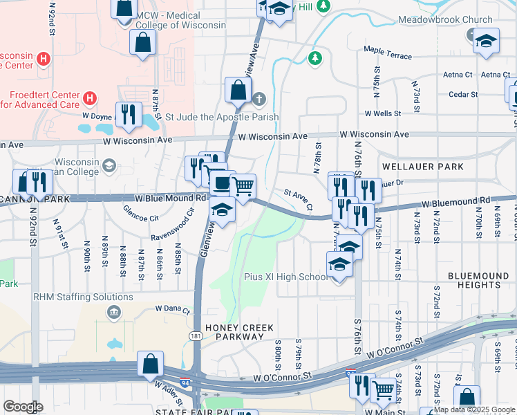 map of restaurants, bars, coffee shops, grocery stores, and more near 8041 West Bluemound Road in Milwaukee