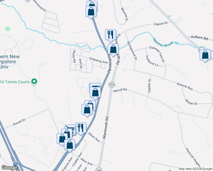 map of restaurants, bars, coffee shops, grocery stores, and more near 1160 Hooksett Road in Hooksett