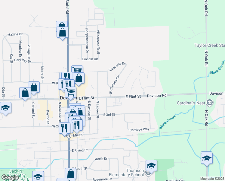 map of restaurants, bars, coffee shops, grocery stores, and more near 517 East Flint Street in Davison