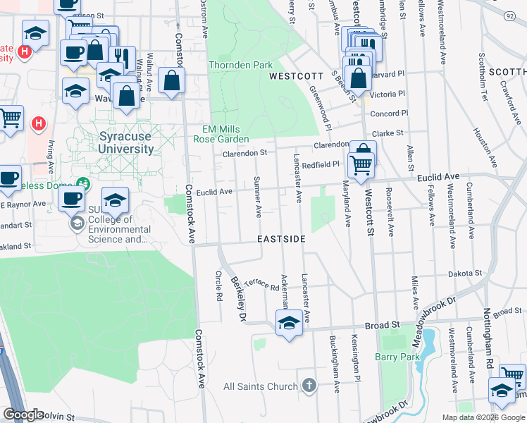 map of restaurants, bars, coffee shops, grocery stores, and more near 855 Sumner Avenue in Syracuse