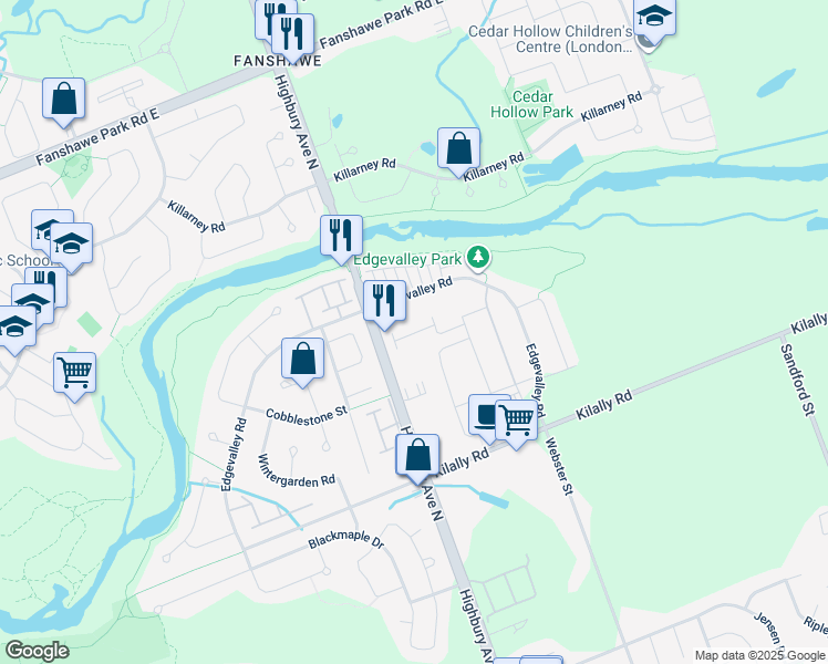 map of restaurants, bars, coffee shops, grocery stores, and more near 1610 Highbury Avenue North in London