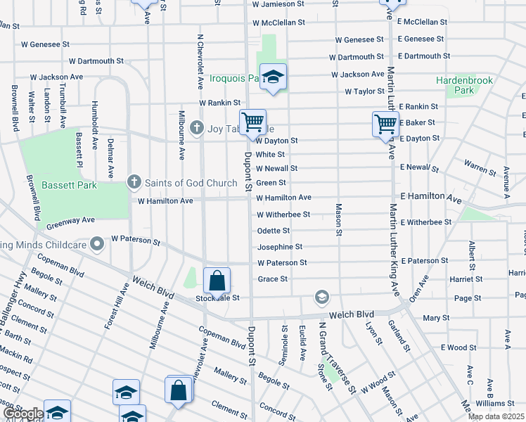map of restaurants, bars, coffee shops, grocery stores, and more near 601 West Witherbee Street in Flint